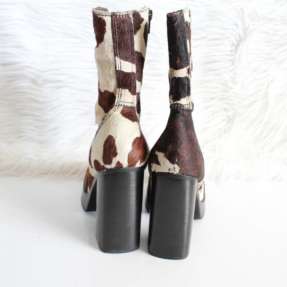Vintage 1990s Steve Madden Wayne Cow Print Calf-Hair Square Toe Chunky Booties